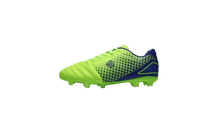 Bright yellow and blue soccer cleat with a patterned design and studded sole, isolated on a white background.