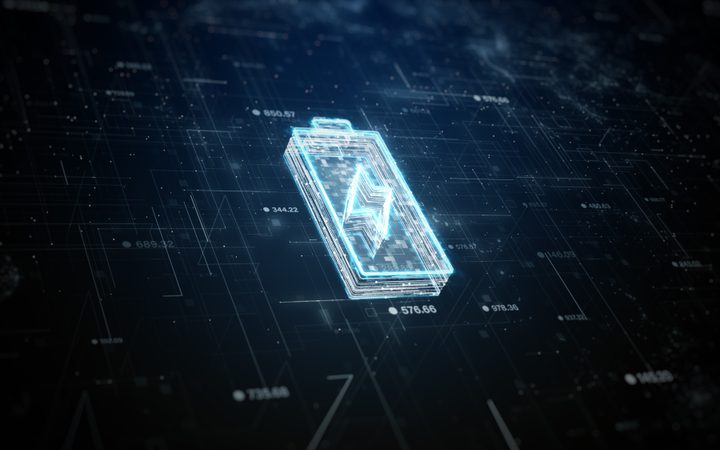 A digital illustration of a glowing battery icon with a lightning bolt, set against a dark, high-tech background with interconnected lines and data points.