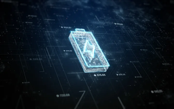 A digital illustration of a glowing battery icon with a lightning bolt, set against a dark, high-tech background with interconnected lines and data points.
