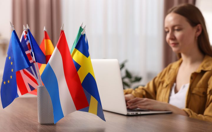 A person sits at a desk typing on a laptop, with a holder of small national flags (EU, UK, Netherlands, Ukraine) in the foreground.