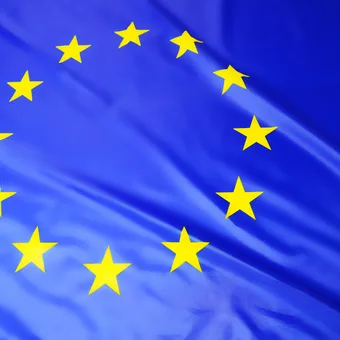European Union flag with yellow stars on a crinkled blue background.