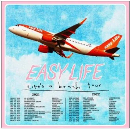 An airplane with "EASY LIFE" on it soaring through a bright blue sky, with a poster below advertising a beach tour from 2021 to 2022.