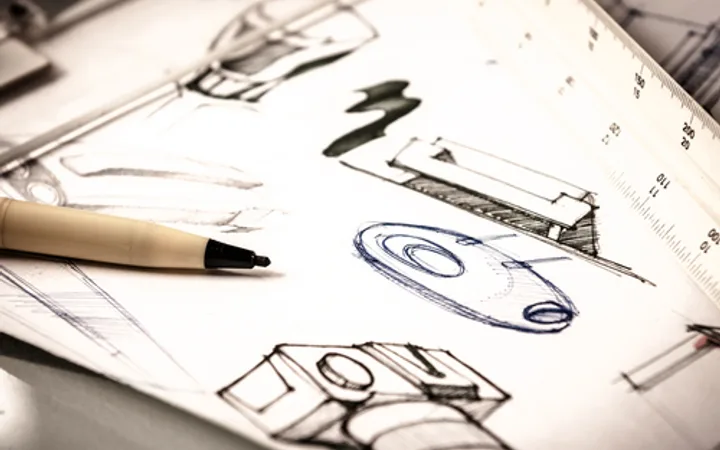 Sketches of furniture and a pen on paper, with a ruler in the background. Focus on the creative design process and planning for interior elements.