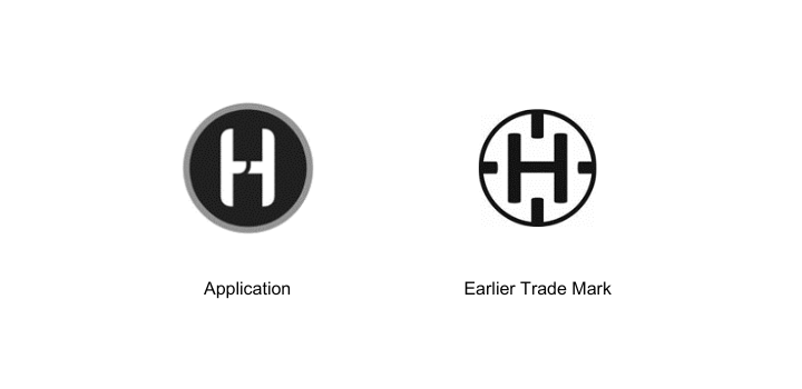 Two black-and-white logos labeled "Application" and "Earlier Trade Mark," featuring stylized "H" symbols in circular designs.