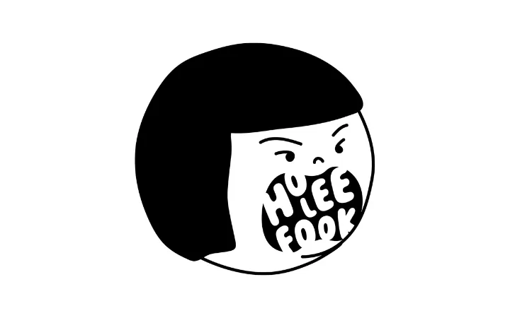 Round cartoon face with short black hair, angry eyes and an open mouth filled with large bold letters forming a word.