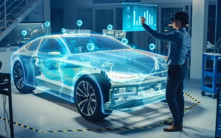 Person working on a holographic digital model of a car in a high-tech auto design studio.