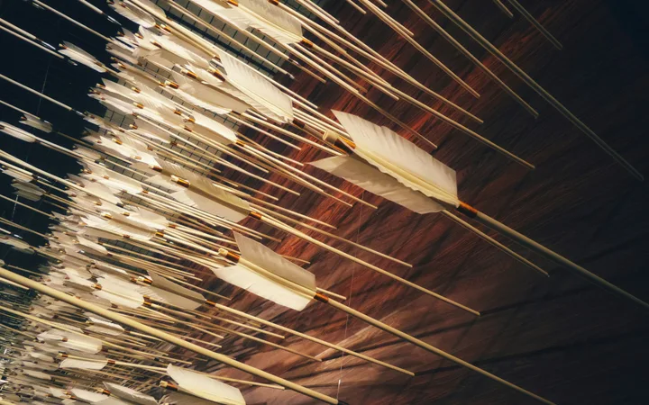 Many white oars are laid out on a dark wooden surface, arranged in parallel lines with some stacked overlapping.