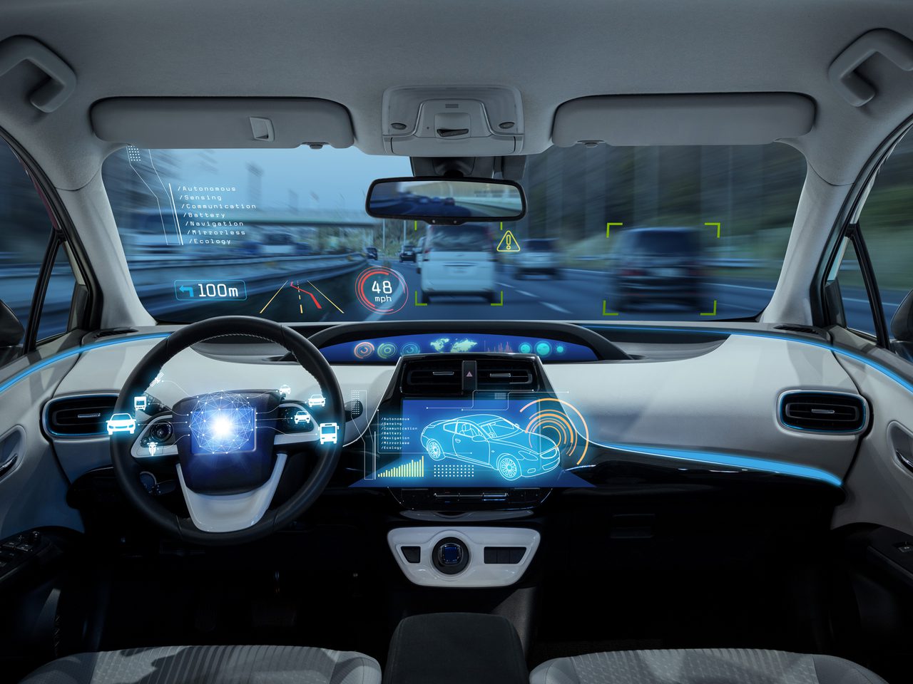 Inside a futuristic autonomous car dashboard with digital displays showing navigation, speed, and vehicle status while driving on a highway.