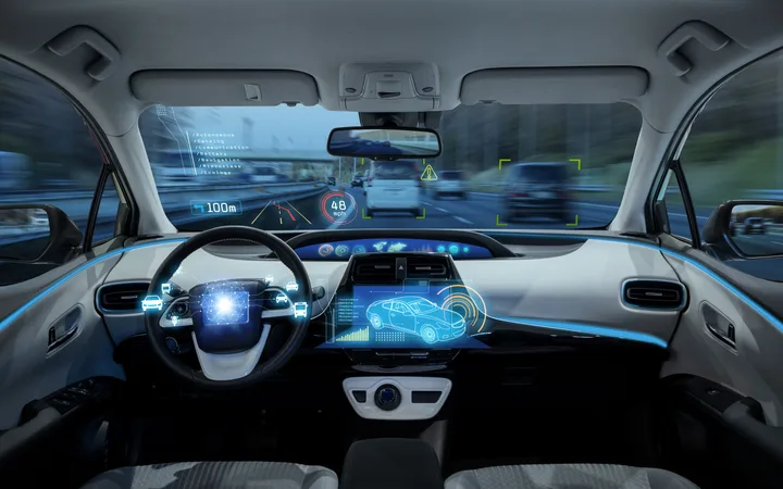 Inside a futuristic autonomous car dashboard with digital displays showing navigation, speed, and vehicle status while driving on a highway.