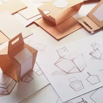 Design sketches and paper models of a small cardboard chair and packaging on a table with sketches and templates.