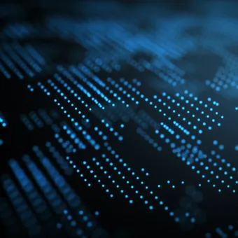 Abstract digital data visualization with blue dots and lines on a dark background, creating a sense of technology and connectivity.