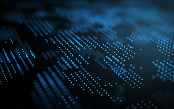 Abstract digital data visualization with blue dots and lines on a dark background, creating a sense of technology and connectivity.