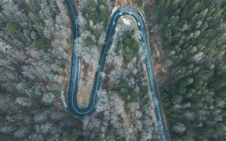 A winding mountain road through a dense forest, with some trees showing winter leaflessness, captured from an aerial perspective.