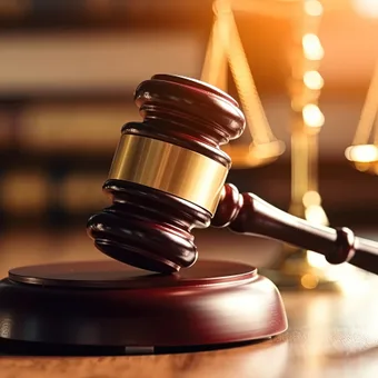 A judge's gavel rests on a sound block with a pair of scales blurred in the background, symbolizing justice and law.