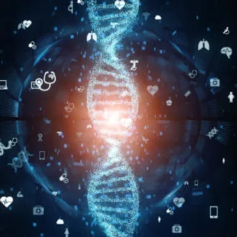 A glowing DNA double helix at the centre of a digital network, surrounded by various technology icons in a futuristic, abstract setting.