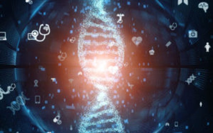 A glowing DNA double helix at the centre of a digital network, surrounded by various technology icons in a futuristic, abstract setting.
