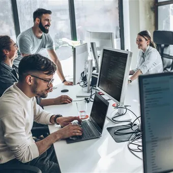 Diverse team of coworkers collaborating at a long desk in a bright open-office, with multiple monitors and laptops as they chat.