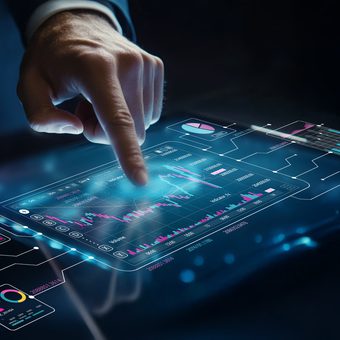 A hand taps a glowing holographic data dashboard showing charts and graphs on a blue translucent interface.