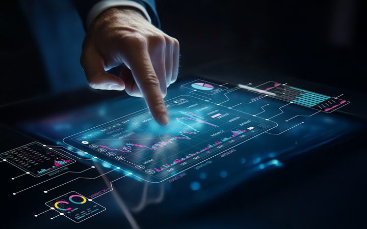 A hand taps a glowing holographic data dashboard showing charts and graphs on a blue translucent interface.