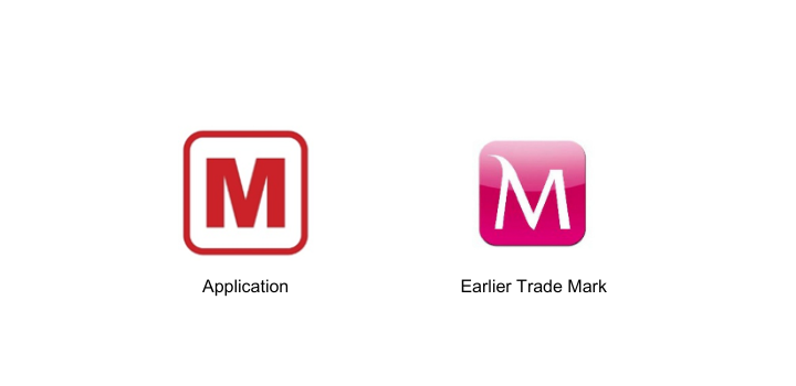 Two icons are shown: a red "M" inside a rounded square labeled "Application," and a pink gradient "M" icon labeled "Earlier Trade Mark."