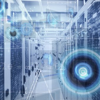 Blue-toned data center corridor with rows of server racks, overlaid by translucent holographic graphs, equations, and circular HUD graphics.
