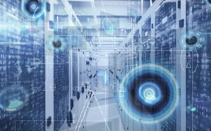Blue-toned data center corridor with rows of server racks, overlaid by translucent holographic graphs, equations, and circular HUD graphics.