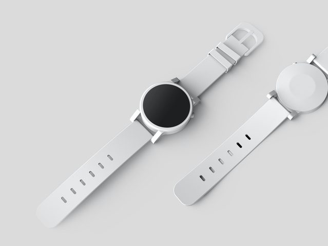 Zwei moderne, weiße Smartwatches mit Lederarmbändern liegen auf einem hellgrauen Hintergrund, eine mit schwarzem Bildschirm, die andere ohne Anzeige.