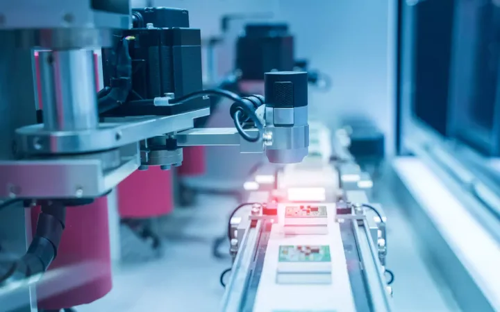 A robotic arm inspects printed circuit boards on an assembly line in a high-tech manufacturing environment.