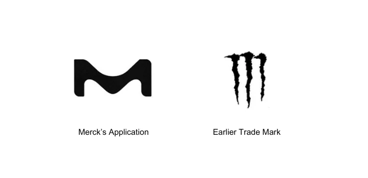 Two logos labeled "Merck’s Application" and "Earlier Trade Mark" are displayed side by side on a white background.