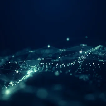 Abstract digital network with glowing dots, lines, and lock icons representing data security and technology concepts against a dark background.