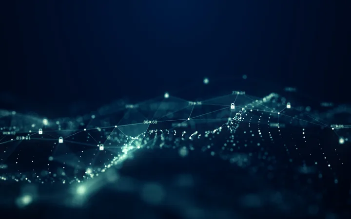 Abstract digital network with glowing dots, lines, and lock icons representing data security and technology concepts against a dark background.
