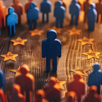 A group of blue and orange wooden human-shaped figures arranged in a circle on a wooden surface, with one figure in the centre surrounded by star-shaped decorations.