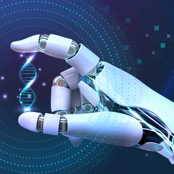 A robotic hand holding a glowing DNA helix against a digital, high-tech background with abstract data patterns and glowing particles.