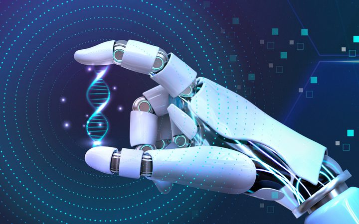 A robotic hand holding a glowing DNA helix against a digital, high-tech background with abstract data patterns and glowing particles.