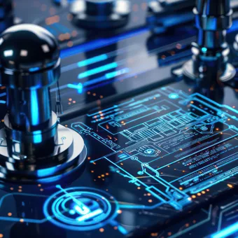 Close-up of a futuristic digital interface with metallic joystick-like controls and glowing blue schematics.