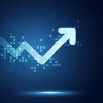 A digital upward-trending arrow graph symbolising growth or success, set against a dark blue background with pixelated data elements.