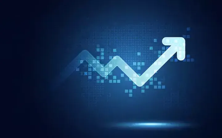 A digital upward-trending arrow graph symbolising growth or success, set against a dark blue background with pixelated data elements.