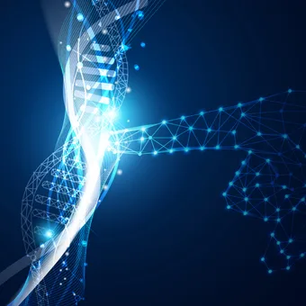 A digital illustration of a DNA double helix entwined with a futuristic, interconnected network of glowing blue lines and points against a dark background.