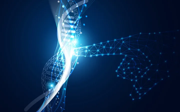 A digital illustration of a DNA double helix entwined with a futuristic, interconnected network of glowing blue lines and points against a dark background.