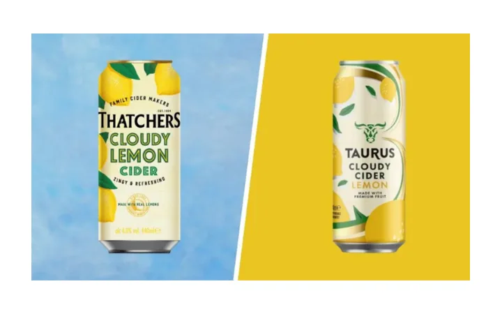 Two cans of cloudy lemon cider, one from Thatchers on a blue background and one from Taurus on a yellow background, are displayed side by side.
