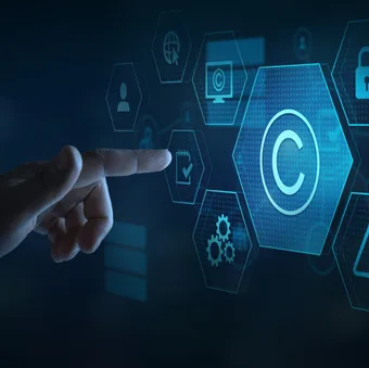 A hand interacts with a digital interface featuring icons for copyright, security, ideas, and settings, against a dark background.