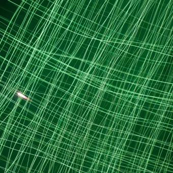 A digital abstract with bright green intersecting lines on a dark green background, creating a complex grid-like pattern with a small pink light.