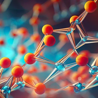 A colourful digital illustration of a molecular structure with orange, blue, and transparent atoms connected by bonds, set against a blurred background.