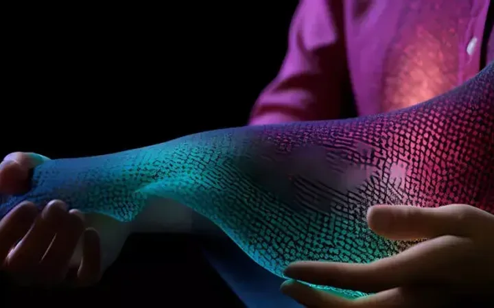 A person holding a holographic display of a digital arm with a colourful, grid-like pattern against a dark background.