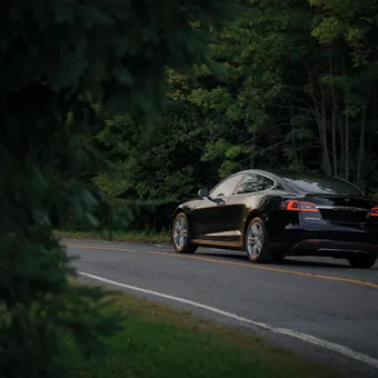 A black Tesla Model S drives along a wooded rural road, surrounded by dense green trees on a cloudy day.