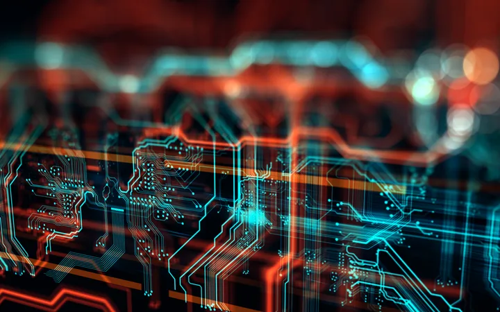 Futuristic digital circuit board with glowing blue and orange lines forming complex connections on a dark background.