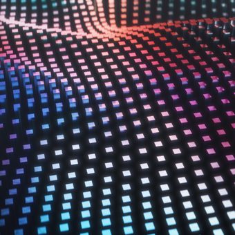 A digital abstract with a grid of illuminated squares in pink, purple, and blue shades, creating a wave-like pattern on a dark background.
