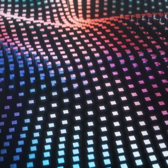 Abstract 3D LED grid pattern with pink, purple, and blue lights creating a futuristic, wave-like visual effect.