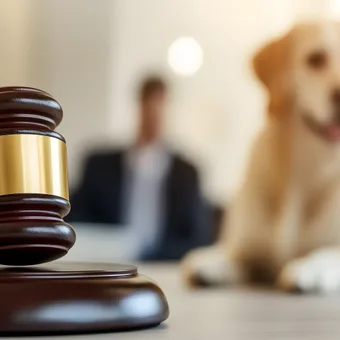 A judge's gavel in focus with a blurred background of people and a Labrador Retriever in a courtroom setting.