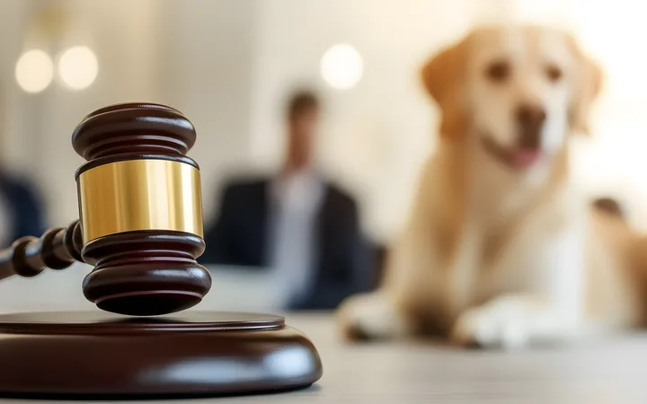 A judge's gavel in focus with a blurred background of people and a Labrador Retriever in a courtroom setting.